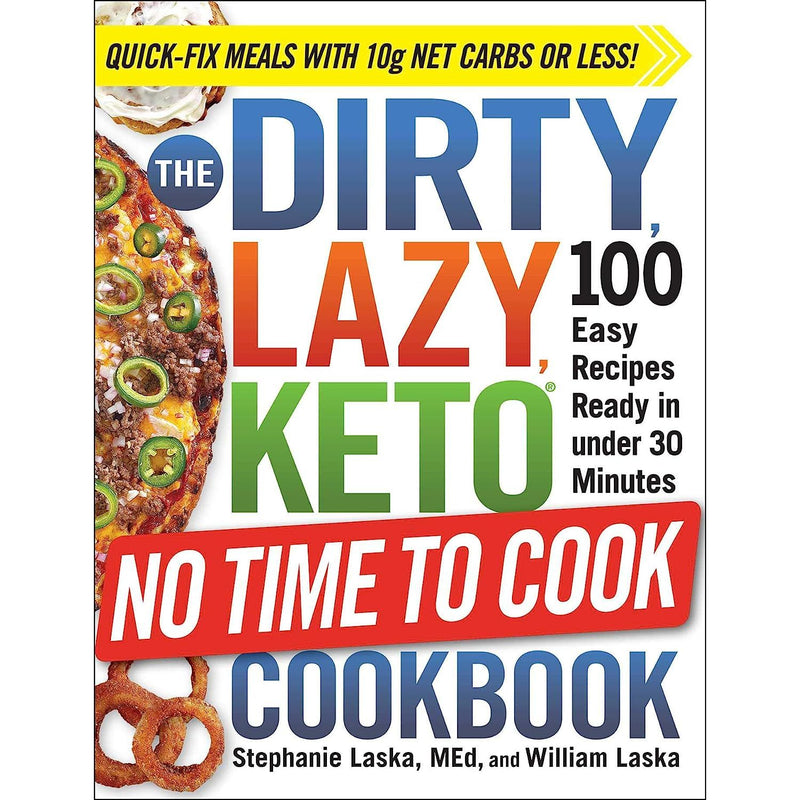 Open cookbook showing quick keto recipes with step-by-step photos from Stephanie Laska's The Dirty Lazy Keto cookbook.