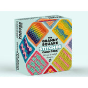 Deck of 50 crochet design cards featuring granny square stitches by Claire Montgomerie, displayed with colorful sample squares.