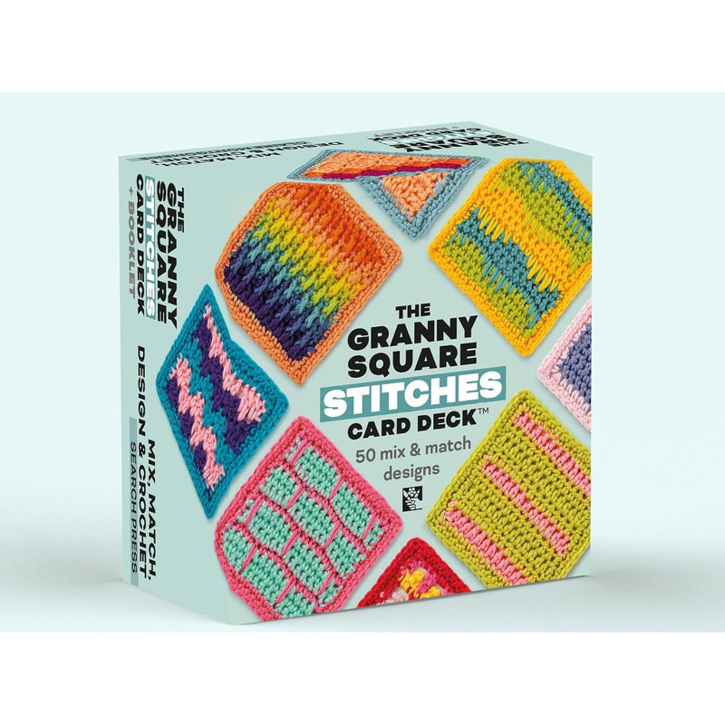 Deck of 50 crochet design cards featuring granny square stitches by Claire Montgomerie, displayed with colorful sample squares.