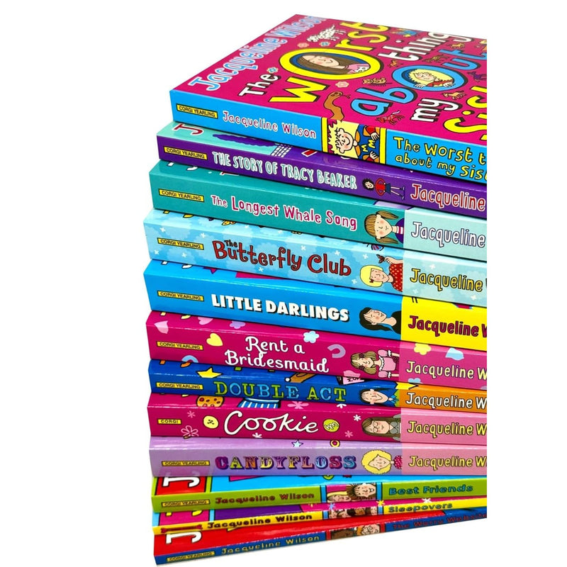 Jacqueline Wilson 12-book collection set featuring Tracy Beaker, Longest Whale Song, Butterfly Club, Little Darlings, Best Friends and more.