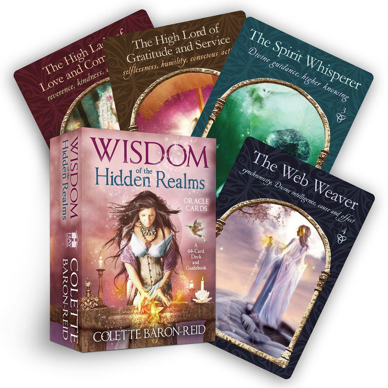 Wisdom of the Hidden Realms Oracle Cards by Colette Baron-Reid, featuring colorful mystical card illustrations for guidance and insight.