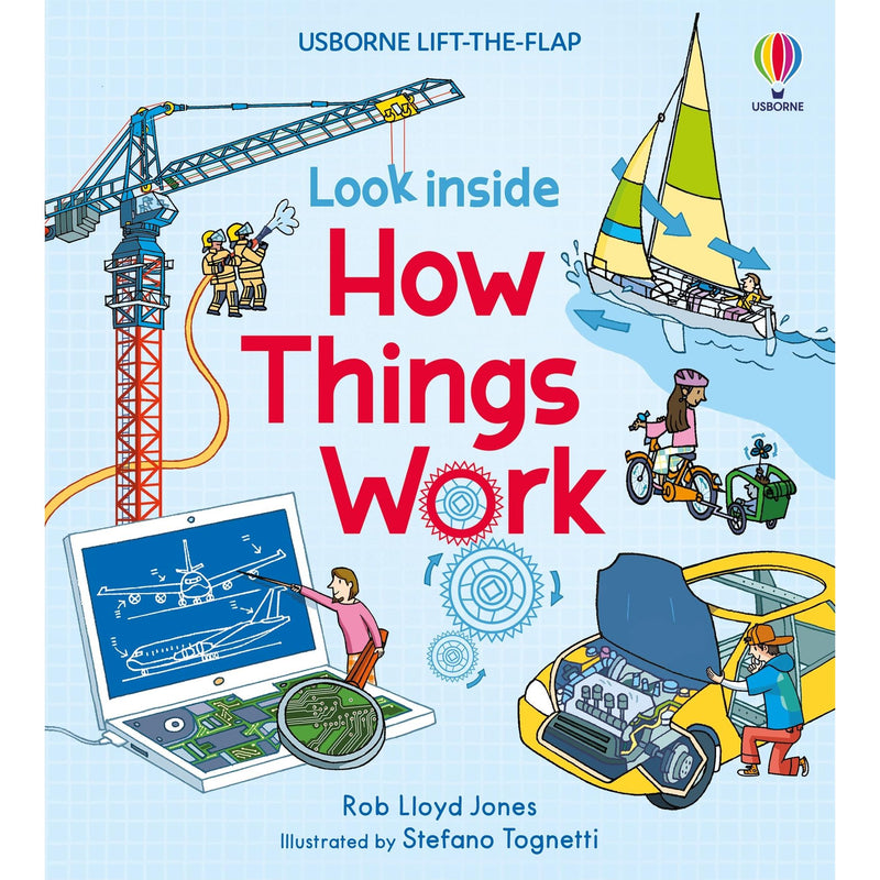 Colorful cover of "Look Inside How Things Work" board book by Usborne Publishing, designed for curious kids and young readers.