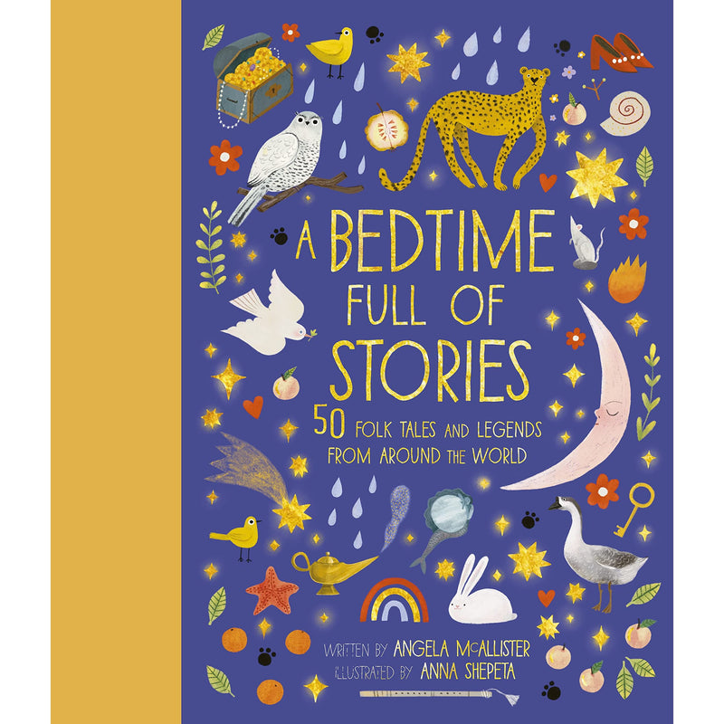 Hardcover copy of "A Bedtime Full of Stories" by Angela McAllister, featuring colorful illustrations of folktales from around the world.