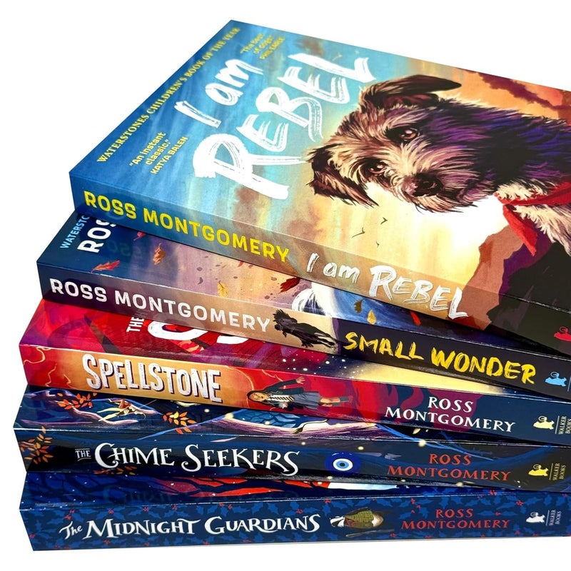 Set of five Ross Montgomery Walker Books including The Midnight Guardians, The Chime Seekers, Spellstone, and more, displayed together.
