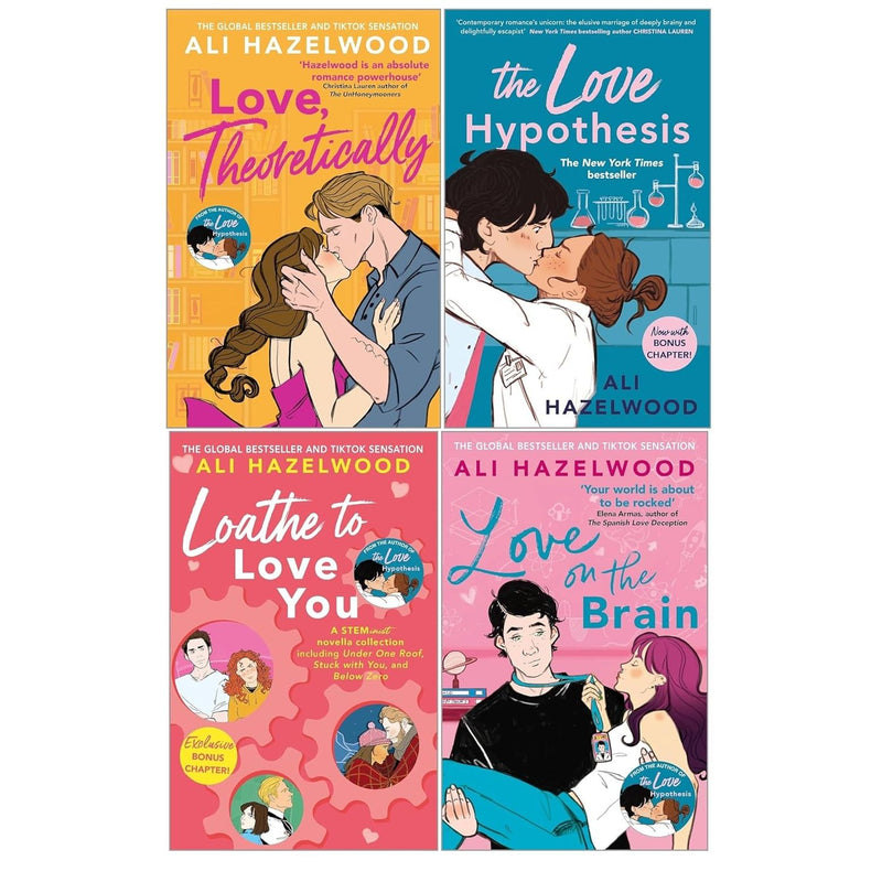 Four paperback fiction books by Ali Hazelwood, including The Love Hypothesis and Love On The Brain, in a collection set.