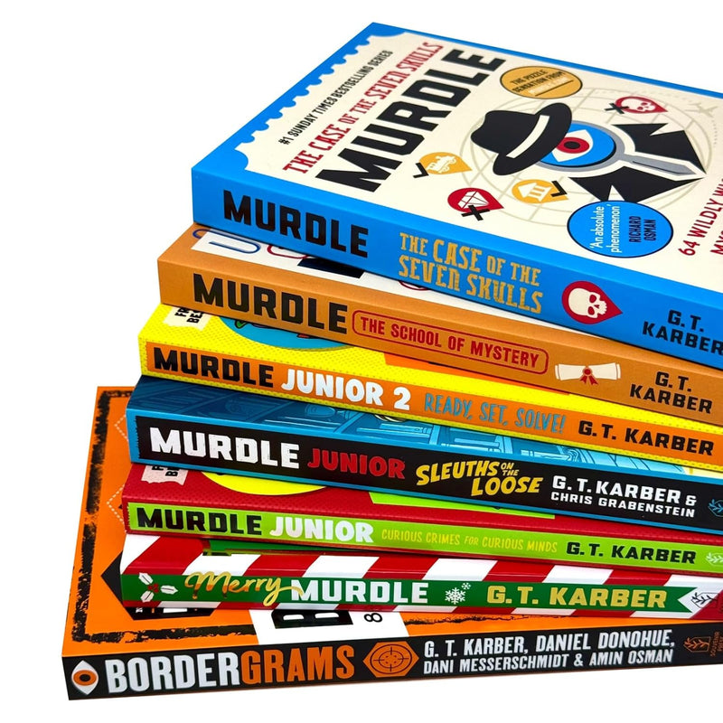 Murdle Puzzle Series 7 Books collection set by G. T. Karber, paperback fiction novels, displayed together on a shelf.