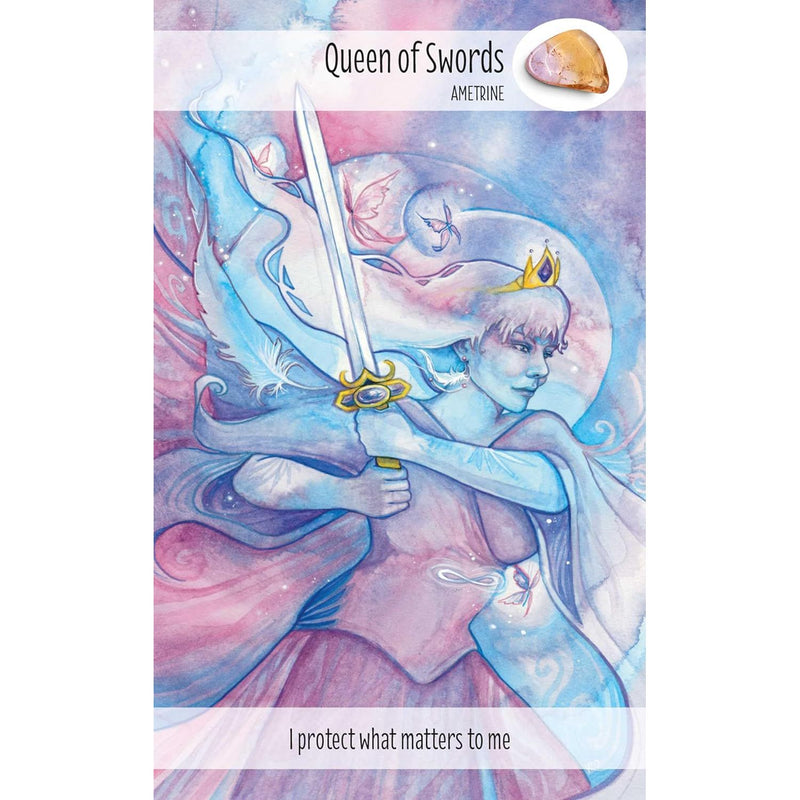 Deck of 78 Crystal Power Tarot cards by Jayne Wallace from CICO Books, featuring colorful illustrations on the card backs.