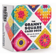 Crochet card deck by Claire Montgomerie featuring 50 granny square designs for crochet projects, laid out on a white background.