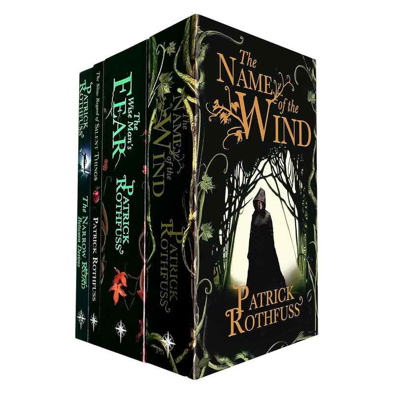 Set of four paperback fantasy books from The Kingkiller Chronicle by Patrick Rothfuss, published by Gollancz Ltd.