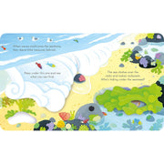 Colorful page from Peep Inside the Seashore board book by Milbourne Anna, showcasing underwater sea creatures and ocean scenes.