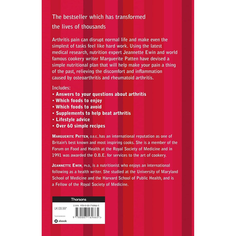 Book cover of "Eat to Beat Arthritis" by Marguerite Patten, featuring colorful illustrations and title text on a white background.