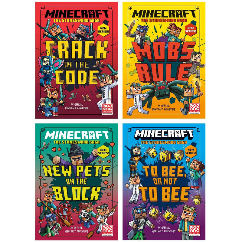 Minecraft Stonesword Saga Series 4 books collection, including Minecraft: Crack in the Code! by Nick Eliopulos, featuring colorful cover art.
