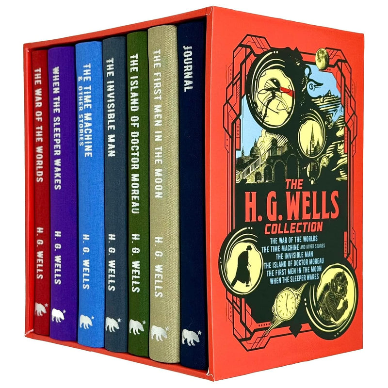H. G. Wells Collection Deluxe 6-book box set by Arcturus Ltd, featuring classic science fiction novels with a journal included.
