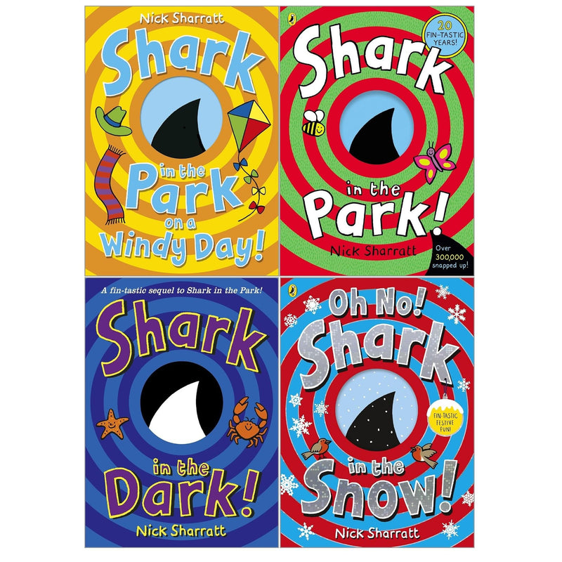 Shark In The Park Series 4 Books Collection Set by Nick Sharratt (Shark in the Park!, On a Windy Day!, Shark in the Dark!, Oh No! Shark in the Snow!) - The Book Bundle