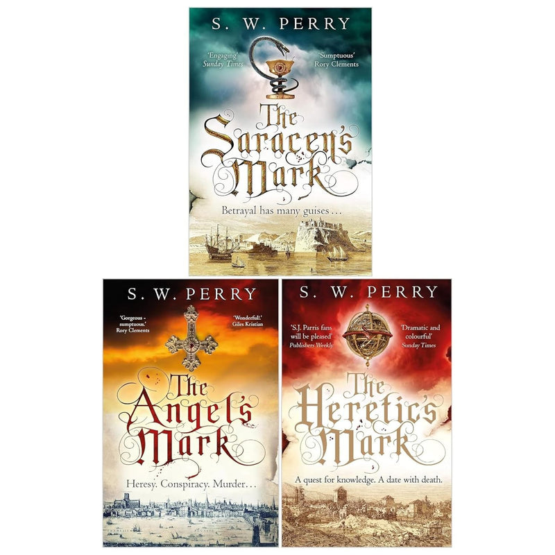 Corvus Ltd The Jackdaw Mysteries Series 3 books set by S. W. Perry, featuring The Saracen's Mark, The Angel's Mark, and The Heretic's Mark.