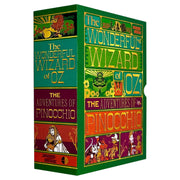 Collection of two classic books: The Wonderful Wizard of Oz by L. Frank Baum and The Adventures of Pinocchio by Carlo Collodi with colorful covers.
