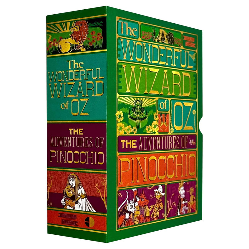 Collection of two classic books: The Wonderful Wizard of Oz by L. Frank Baum and The Adventures of Pinocchio by Carlo Collodi with colorful covers.