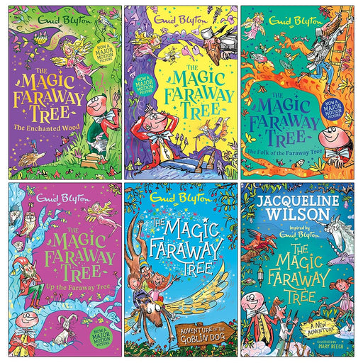 Six paperback books from the Enid Blyton Magic Faraway Tree collection, featuring colorful covers and illustrations.