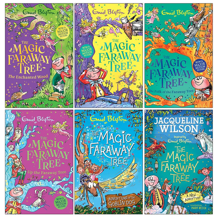 Six paperback books from the Enid Blyton Magic Faraway Tree collection, featuring colorful covers and illustrations.