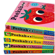 Set of five Peekaboo illustrated board books for ages 0-2 by Camilla Reid, featuring colorful peekaboo and animal illustrations.
