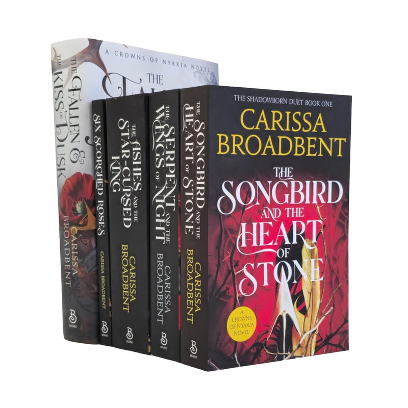 Set of five Crowns of Nyaxia books by Carissa Broadbent, featuring fantasy novel covers in mixed formats.