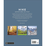 Hardcover book titled "Hike: Adventures on Foot" by DK Travel, featuring outdoor hiking scenes and scenic mountain landscapes.