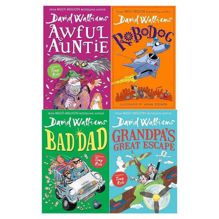 David Walliams 4 Books Collection Set Awful Auntie, Grandpa’s Great Escape, Bad Dad, Robodog - The Book Bundle