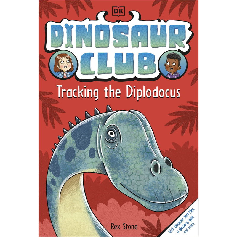 Dinosaur Club series book cover titled "Tracking The Diplodocus" by DK Flip, featuring a colorful illustration of a diplodocus dinosaur.