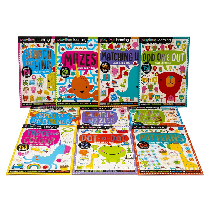 Set of 10 Playtime Learning Sticker Activity books by Make Believe Ideas Ltd, featuring search and find fun for children.