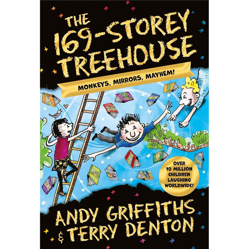 Illustration of the 169-Storey Treehouse by Andy Griffiths from Macmillan Children's Books, featuring colorful treehouse scenes.