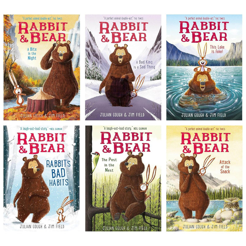 Collection of Julian Gough's Rabbit and Bear Series 1-6 children's books, featuring colorful illustrated covers with rabbit and bear characters.