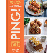 High-quality image of a cookbook cover titled "PING!" by Justine Pattison, featuring colorful recipe illustrations and inviting design.