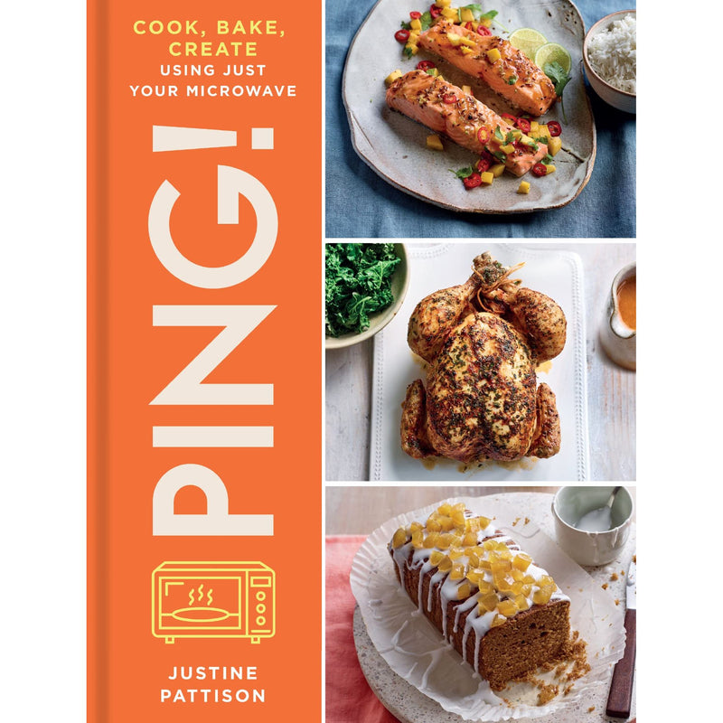 High-quality image of a cookbook cover titled "PING!" by Justine Pattison, featuring colorful recipe illustrations and inviting design.