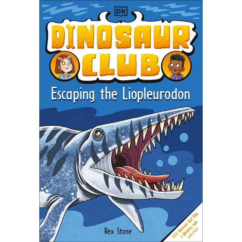 Dinosaur Club book titled "Escaping the Liopleurodon" by DK Flip, featuring colorful illustrations of dinosaurs and a sea monster on the cover