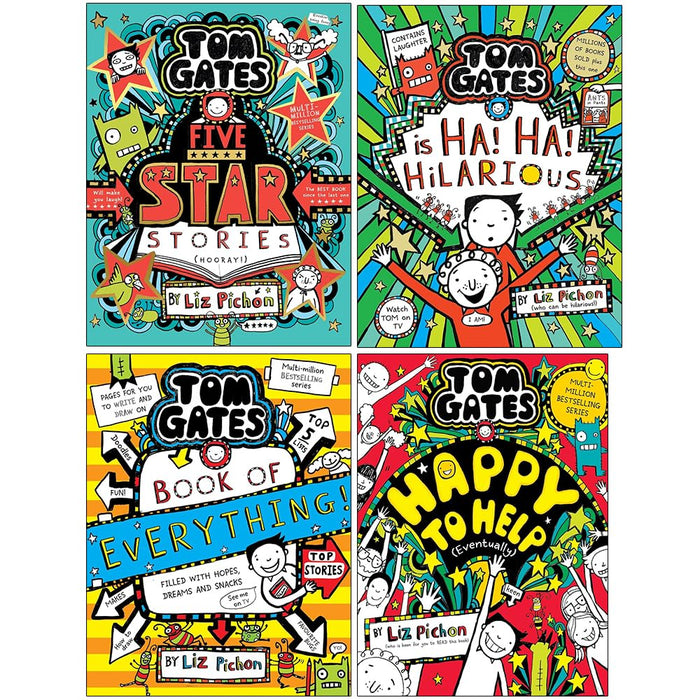 Tom Gates Series 4 Books Collection Set By Liz Pichon (Ha! Ha! Hilarious, Book of Everything, Five Star Stories and Happy to Help (eventually)) - The Book Bundle