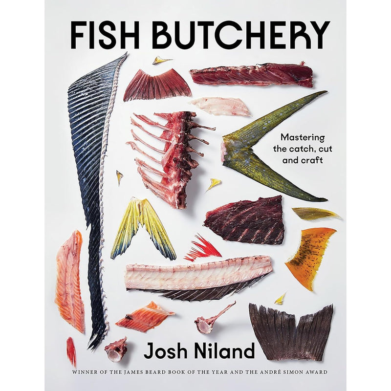 Hardcover copy of "Fish Butchery" by Josh Niland, featuring a fish illustration on the cover, published by Hardie Grant Books.