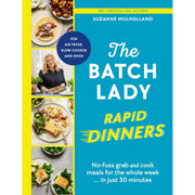 Suzanne Mulholland's The Batch Lady Rapid Dinners cookbook cover with colorful meal images and title text.