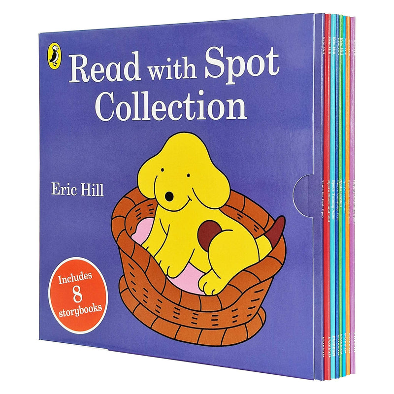 Set of eight "Read with Spot" storybooks by Eric Hill, featuring Spot and his grandma, new game, and garden adventures.