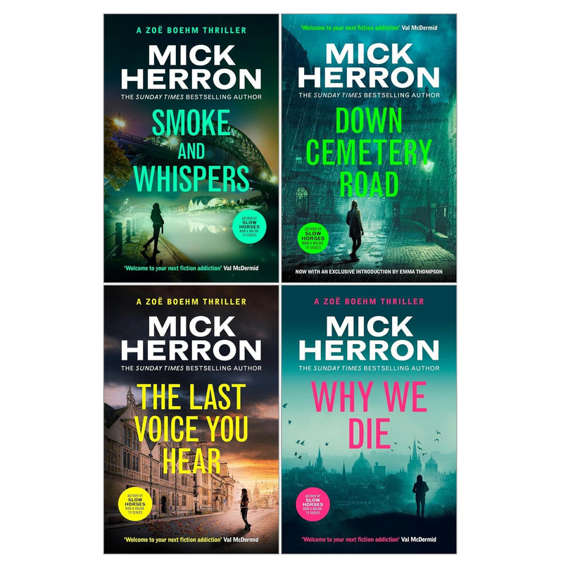 Mick Herron Zoe Boehm thrillers collection set including Down Cemetery Road, The Last Voice You Hear, Why We Die, and Smoke and Whispers.