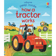 Board book titled "Peep Inside How a Tractor Works" by Lara Bryan, showing colorful tractor illustrations for children.
