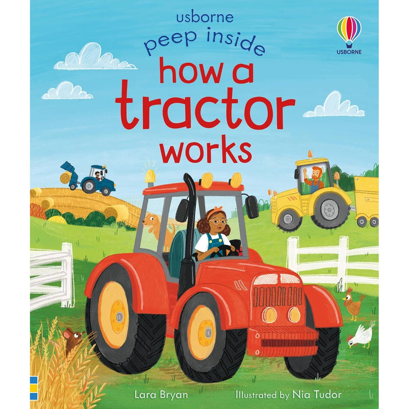 Board book titled "Peep Inside How a Tractor Works" by Lara Bryan, showing colorful tractor illustrations for children.