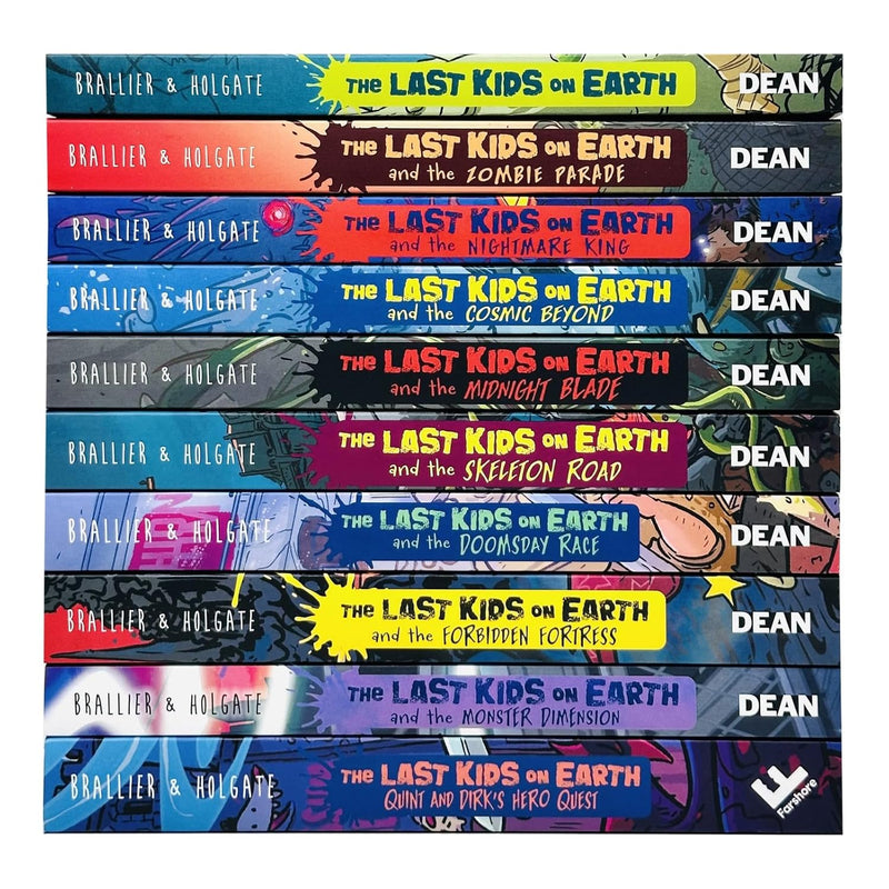 Set of 10 The Last Kids on Earth books by Max Brallier, featuring colorful covers including Cosmic Beyond, Midnight Blade, and Skeleton Road.