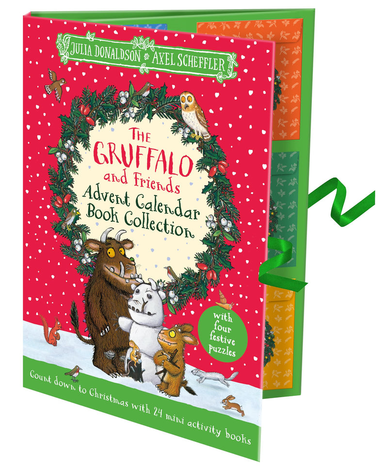 The Gruffalo and Friends festive advent calendar activity book set by Macmillan Children's Books, featuring colorful illustrated pages.