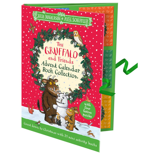 The Gruffalo and Friends festive advent calendar activity book set by Julia Donaldson and Axel Scheffler, featuring colorful holiday illustrations.