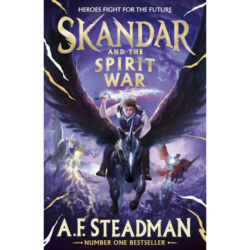 Cover of "Skandar and the Spirit War" Volume 5 by Simon and Schuster Children's UK, featuring fantasy artwork and character illustrations.