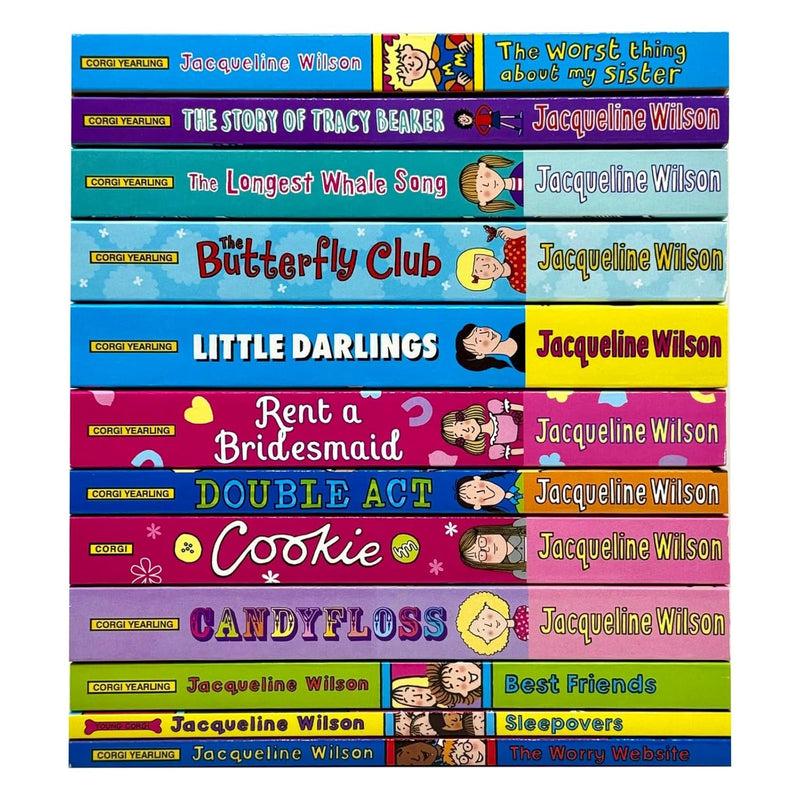 Jacqueline Wilson 12-book collection set by Corgi Yearling featuring Tracy Beaker, Longest Whale Song, Butterfly Club, and more.