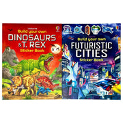 Usborne Build Your Own Sticker Books Collection - 2 Book Set: Dinosaurs and T. Rex + Futuristic Cities | Interactive Build-Your-Own Sticker Activity Books for Kids - The Book Bundle