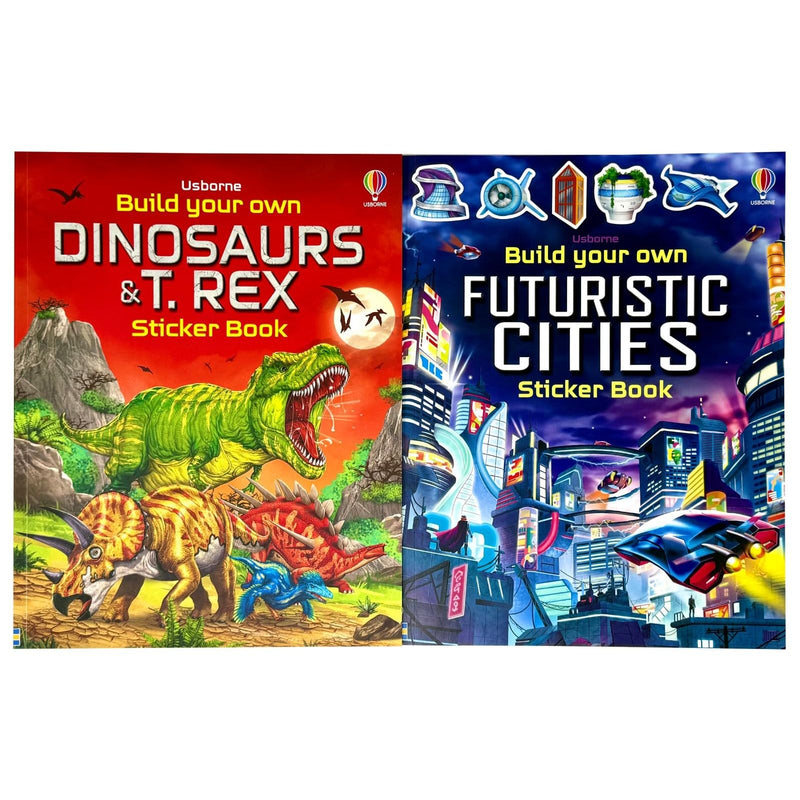 Usborne Build Your Own Sticker Books Collection - 2 Book Set: Dinosaurs and T. Rex + Futuristic Cities | Interactive Build-Your-Own Sticker Activity Books for Kids - The Book Bundle