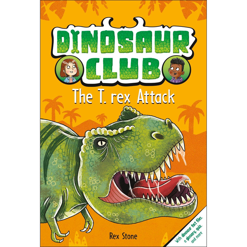 Paperback book cover of "Dinosaur Club: The T-Rex Attack" by DK Flip, featuring a T-Rex dinosaur in a prehistoric scene.