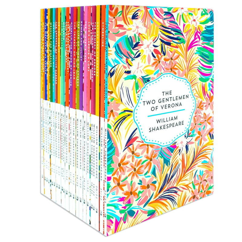 William Shakespeare Complete Collection of 22 classic editions, featuring The Two Gentlemen of Verona, displayed in a set of books.